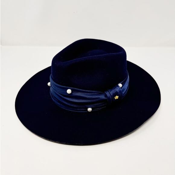 NWT Lele Sadoughi Wool Pearl Detail Navy Rancher Hat main image 8